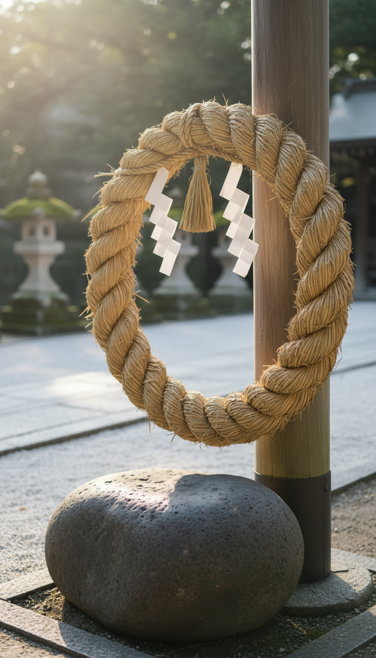 A close-up view of a traditional Japanese shimenawa rope—thick, straw-colored and tightly woven, exhibiting a rough, fibrous texture—draped elegantly around a smooth, natural stone at the entrance of an ancient shrine. The background reveals a clean gravel pathway and precise stone lanterns, all softly illuminated by gentle morning light that imparts subtle highlights to the rope and stone surfaces. The shallow depth of field isolates the shimenawa, giving the image a refined, neutral-toned look. The composition is balanced with a minimalist, corporate aesthetic, conveying a serene, respectful mood in keeping with a professional information site on sacred spaces.