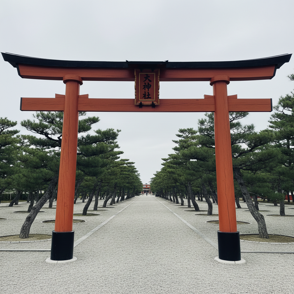 A strikingly detailed, vermilion-painted Shinto shrine torii gate made from smooth, weathered wood, its surface adorned with crisp black kanji characters and subtle natural grain patterns. The gate stands boldly at the entrance of a gravel path lined with meticulously pruned pine trees and raked pebbles. Soft, balanced overcast daylight envelops the scene, creating gentle, neutral shadows and highlighting the clean geometry. Captured from an eye-level, centered perspective, the image emphasizes the torii's symmetry and refined presence. The mood is calm and contemplative, with a structured, corporate visual style and an uncluttered, photographic realism that aligns with a professional blog dedicated to shrine and temple exploration.