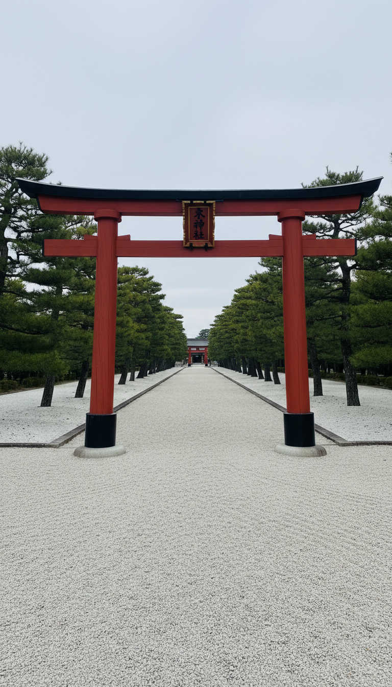 A strikingly detailed, vermilion-painted Shinto shrine torii gate made from smooth, weathered wood, its surface adorned with crisp black kanji characters and subtle natural grain patterns. The gate stands boldly at the entrance of a gravel path lined with meticulously pruned pine trees and raked pebbles. Soft, balanced overcast daylight envelops the scene, creating gentle, neutral shadows and highlighting the clean geometry. Captured from an eye-level, centered perspective, the image emphasizes the torii's symmetry and refined presence. The mood is calm and contemplative, with a structured, corporate visual style and an uncluttered, photographic realism that aligns with a professional blog dedicated to shrine and temple exploration.
