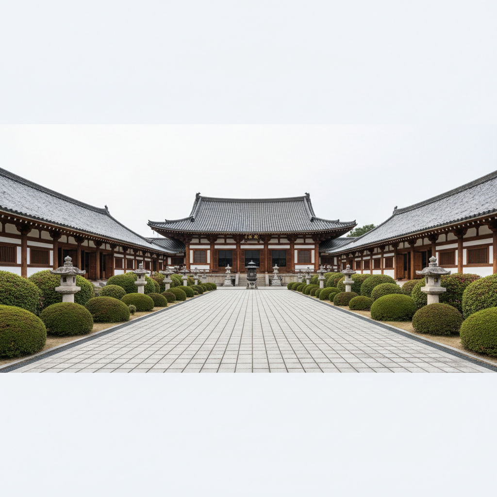 A panoramic, wide-angle shot of an expansive temple courtyard paved with light gray cobblestone, bordered by meticulously trimmed azalea bushes and orderly stone lanterns. At the far end stands a stately main hall with dark, tiled roofing and gleaming wooden beams, all rendered in crisp detail. Soft, diffuse midday light casts minimal shadows, allowing neutral tones and structured lines to dominate the scene. The mood exudes a sense of openness and quiet reverence, captured with a balanced, eye-level composition that emphasizes structured layout and clarity. The photographic style is clean, formal, and modern, in line with a professional blog introducing iconic temple facilities.